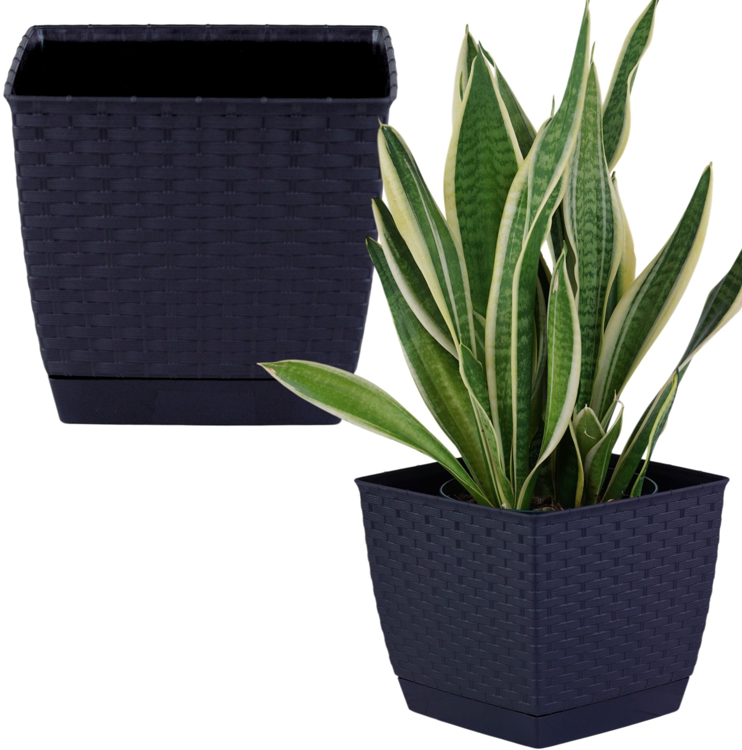 Doniczka z podstawką niska kwadratowa ratanowa 22cm Donica + podstawka