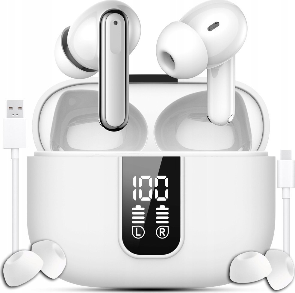 SŁUCHAWKI BEZPRZEWODOWE BLUETOOTH DOKANAŁOWE BIAŁE ANC ENC BT 5.3 POWERBANK