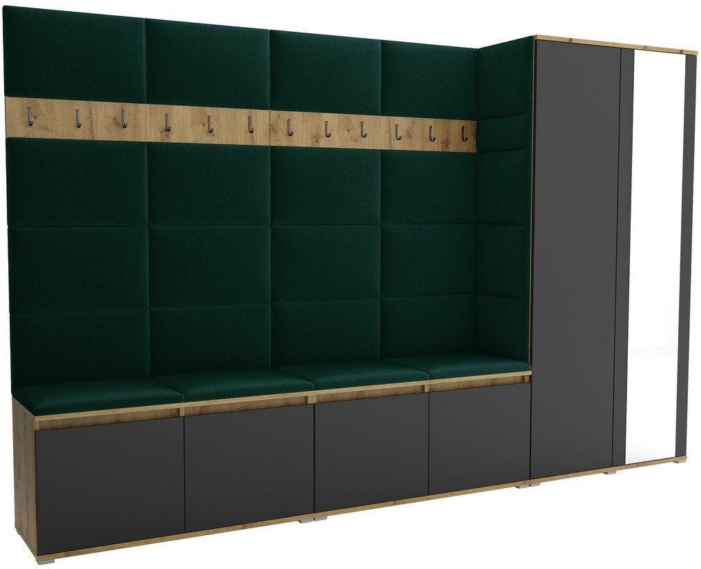 Tapicerowana garderoba Noris V z lustrem - kolor artisan z czarnym frontem + tkanina Trinity 28