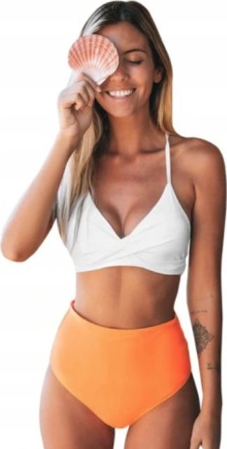 Pan i Pani Gadżet Strój Kąpielowy z Wysokim Stanem Biało-Pomarańczowy