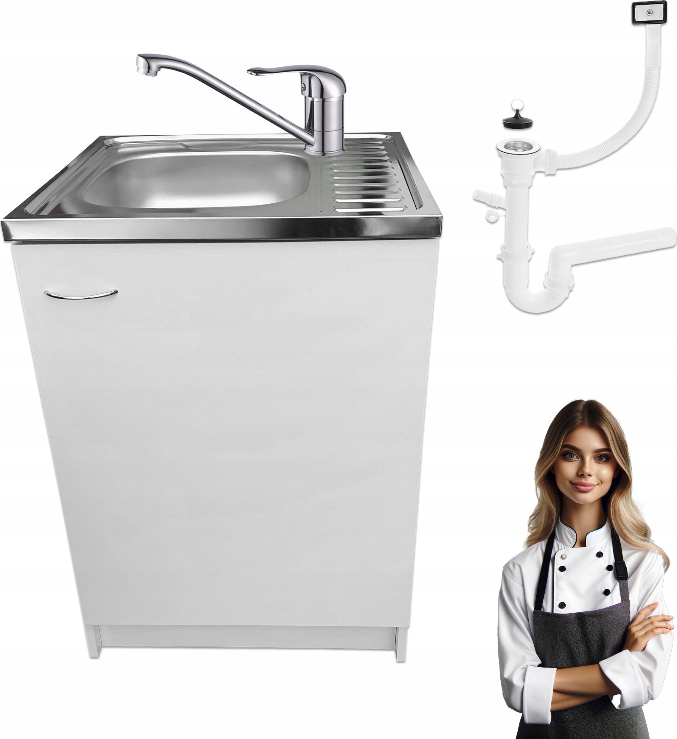 Stamar Biała Szafka Kuchenna 60 biała Zlew Bateria Obrotowa Chrom Syfon