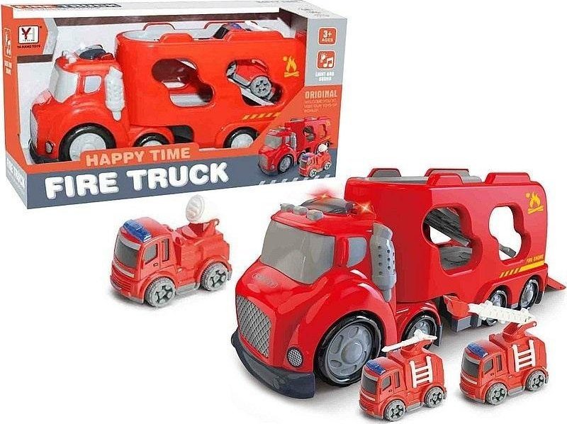 Auto z kontenerem i 2 autkami straży pożarnej