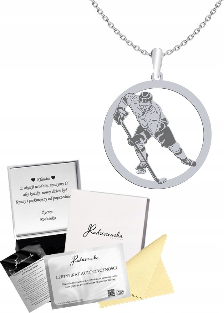 Radziszewska Jewellery Naszyjnik Srebrny HOKEJ Hokeista Łańcuszek Prezent SREBRO 925 GRAWER GRATIS