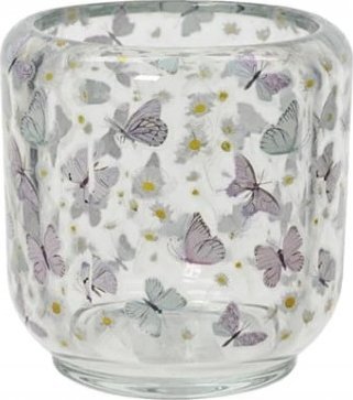 Kaemingk Świecznik szklany wzór z motylem i stokrotką 8,5x8,5 cm