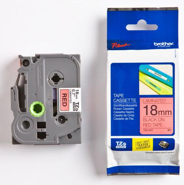 Brother Taśma do drukarek etykiet czarny druk / czerwony podkład laminowane 18mm x 8m (TZE441)