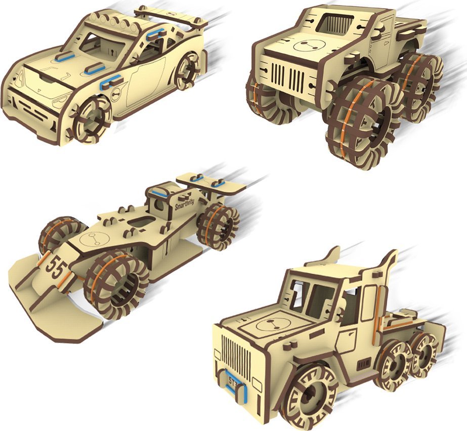 WOODEN CITY Smartivity Drewniane Mechaniczne Puzzle 3D - Zestaw 4 Samochodów