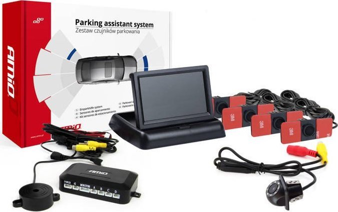 AMiO Zestaw czujników parkowania tft02 4,3" z kamerą hd-305-led 4 sensory czarne wewnętrzne