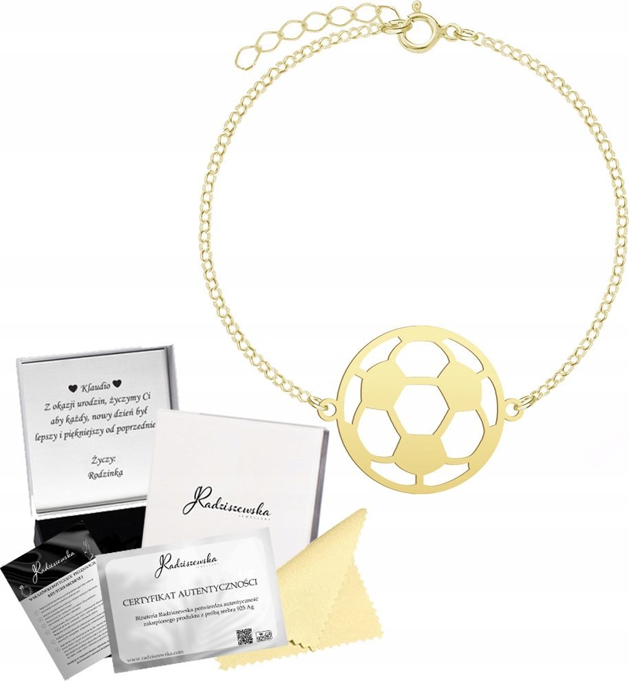 Radziszewska Jewellery Bransoletka Złota Piłka Nożna Łańcuszek SREBRO 925 Prezent GRAWER GRATIS