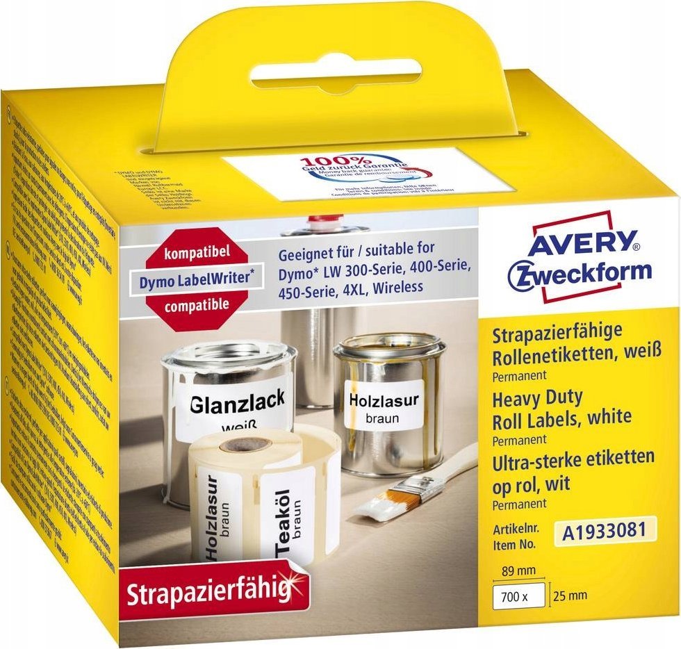 AVERY Avery A1933081, White, Rectangle, Permanent, Black on white, Roll, Polyester