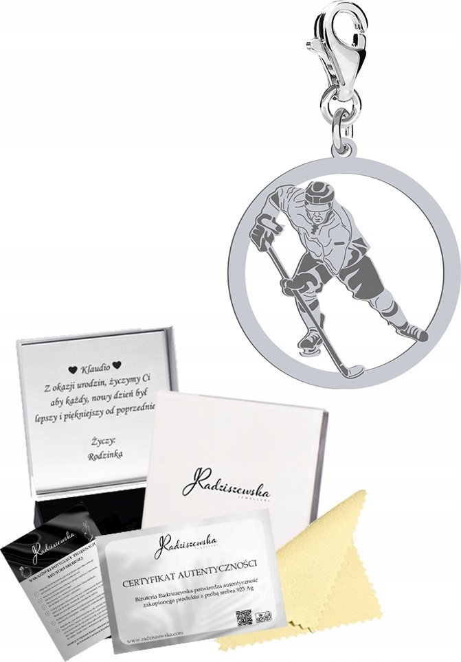 Radziszewska Jewellery Charms Srebrny HOKEISTA HOKEJ Prezent Biżuteria SREBRO 925 DEDYKACJA GRATIS