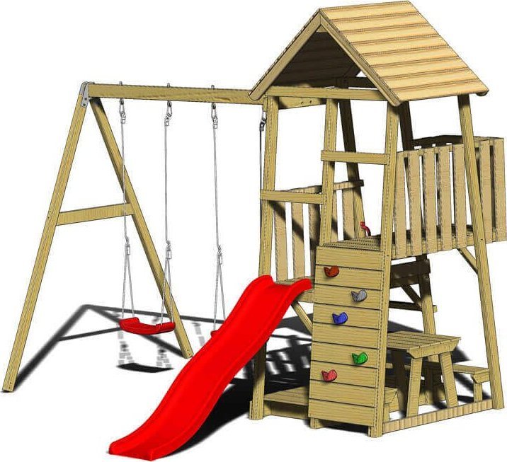 Wendy Wendi Toys Drewniana wieża do zabawy Flaming ze zjeżdżalnią, ścianką wspinaczkową, 2 huśtawkami i stołem piknikowym Natura 280x340x270cm