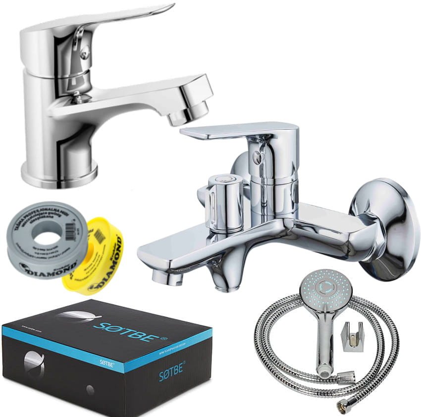 SOTBE VANTAA bateria wannowa ścienna z ceramicznym przełącznikiem + bateria umywalkowa stojąca