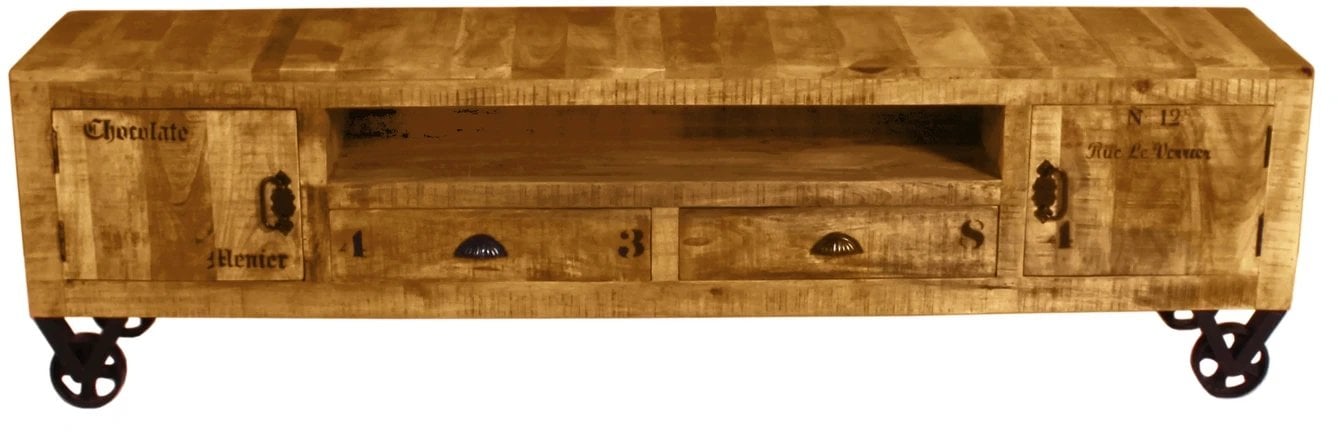 Kiti TV staliukas Rustic, drewno mango, 2 szuflady