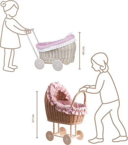WickerPL LUNA WÓZEK WIKLINOWY DLA LALEK Z OBSZYCIEM różowym 60X30 H45 CM