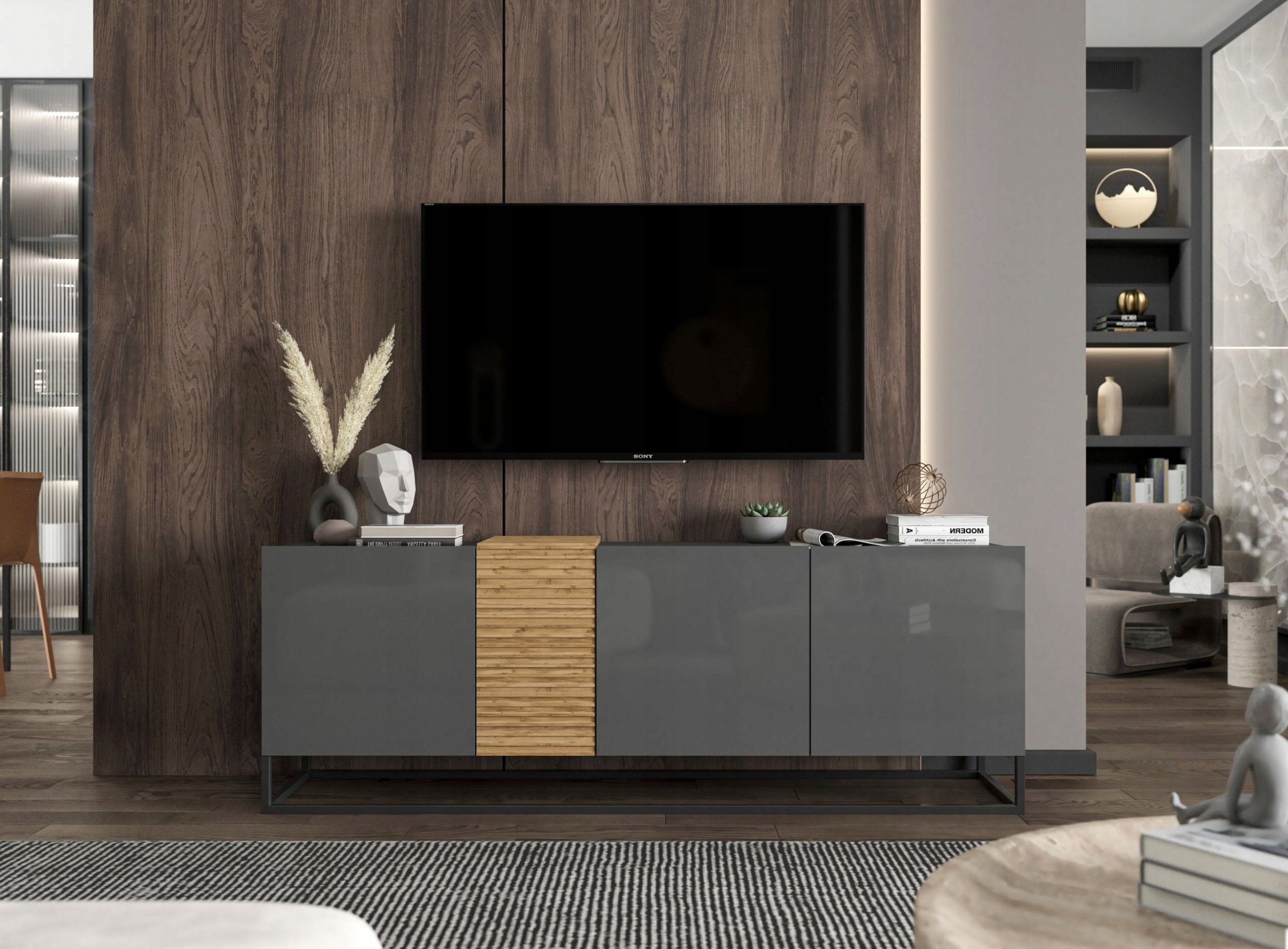 Meble Lindner Szafka RTV Loft komoda RTV Loft Grafit połysk 160