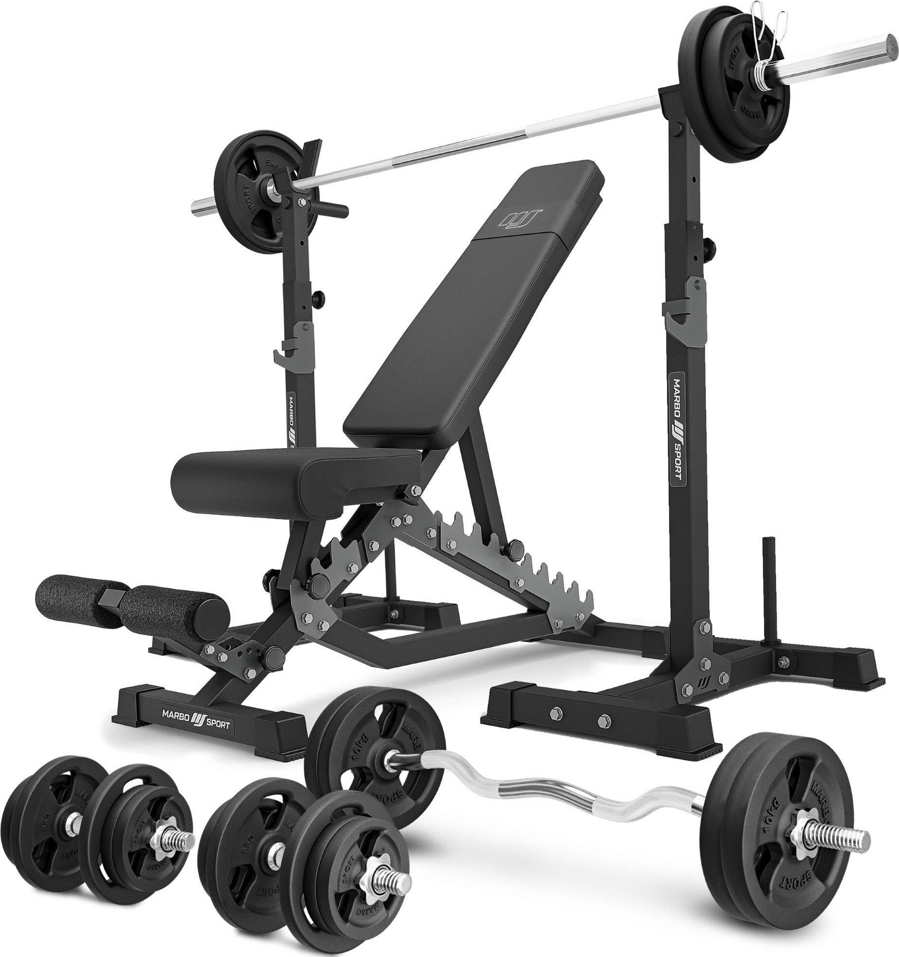 Zestaw MS34_2.0_113KG | Ławka dwustronna + wielopoziomowe stojaki (2 sztuki) pod sztangę z asekuracją + zestaw gryfów i obciążeń 113 kg - Marbo Sport