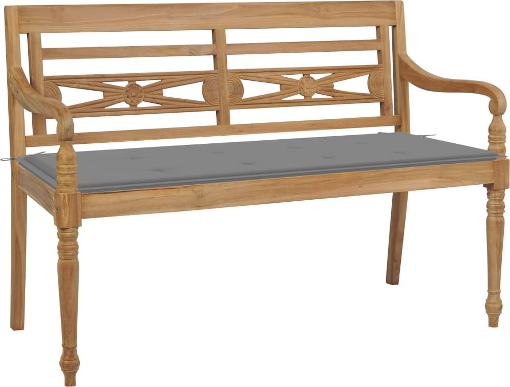 vidaXL Ławka Batavia z szarą poduszką, 120 cm, lite drewno tekowe