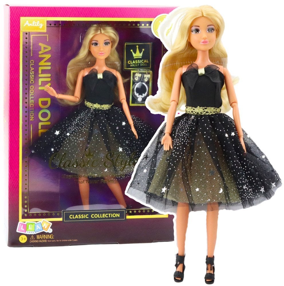 Lalka Anlily Suknia Balowa Czarno Złota Ruchome Kończyny Blond Włosy