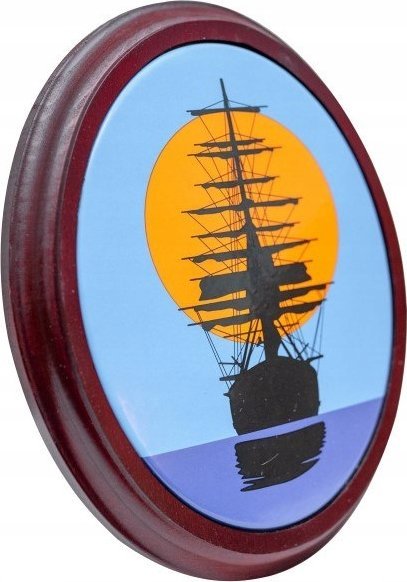 Piękny żaglowiec na tle zachodzącego słońca - 18,5cm x 14,5cm - szyld emaliowany, oprawa drewniana ZAG1