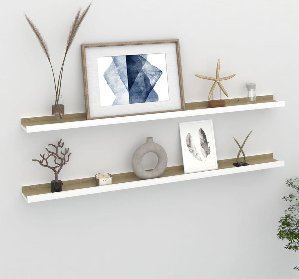 vidaXL Półki ścienne, 2 szt., biel i dąb sonoma, 100x9x3 cm