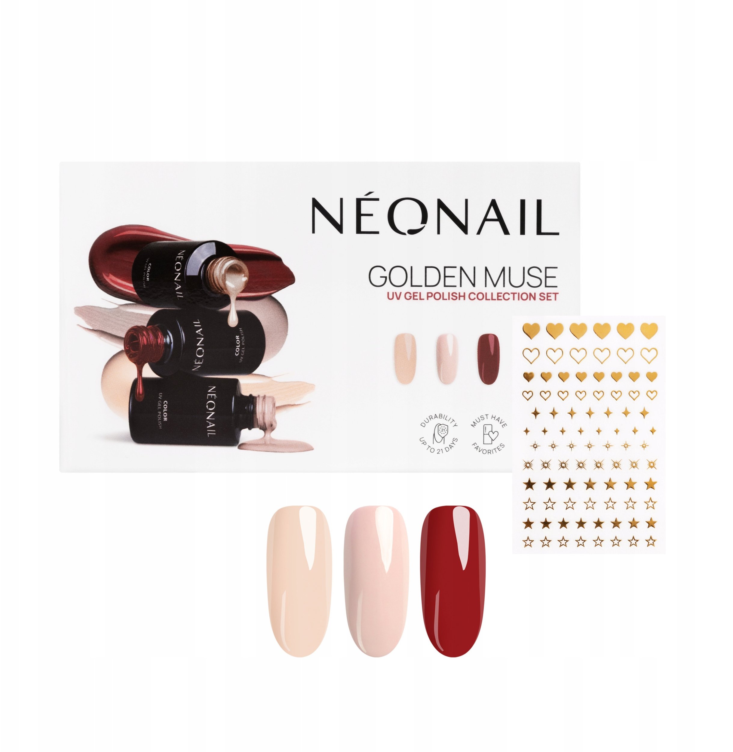 NEONAIL_SET Golden Muse Blushing Red lakier hybrydowy 3ml + Sunset Nude lakier hybrydowy 3ml + Blush Flush lakier hybrydowy 3ml + Metallic Gold naklej