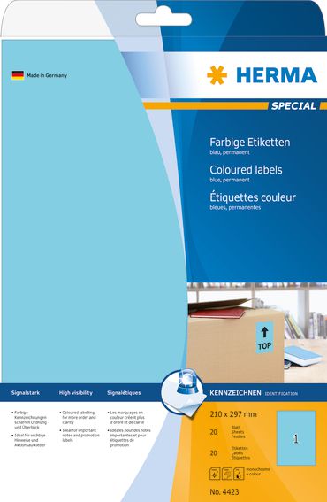 Herma Etykiety kolorowe 4423, A4, samoprzylepne, 210 x 297 mm, papier matowy niebieski, 20 szt (4423)