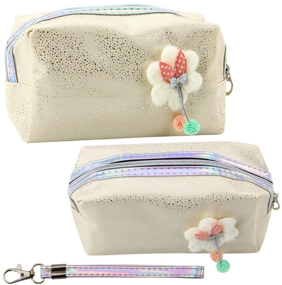 Piórnik Kosmetyczka Kokardka Połyskujące Drobinki Beżowy