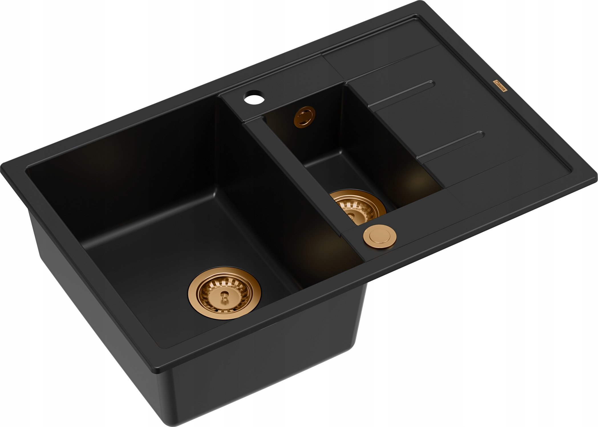 Zlewozmywak GraniteQ MORGAN 156 GraniteQ zlewozmywak pure carbon z syfonem Push To Open okrągły 1,5-komorowy z/o /elementy miedziane