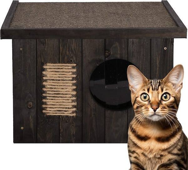 Springos Buda dla kota, psa drewniana z płaskim dachem 58x49,5 cm ocieplana, czarno-brązowa UNIWERSALNY