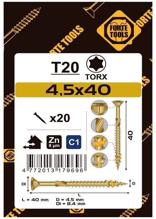 CHIPBOARD SCR T20 4.5X40 YELL ZN20PCS