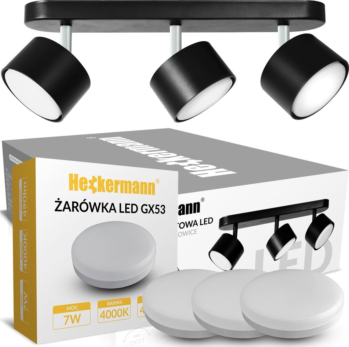 Lampa sufitowa Heckermann Zestaw Lampa punktowa LED Heckermann 8795316A Czarna 3x głowica + 3x Żarówka LED Heckermann GX53 7W Neutral