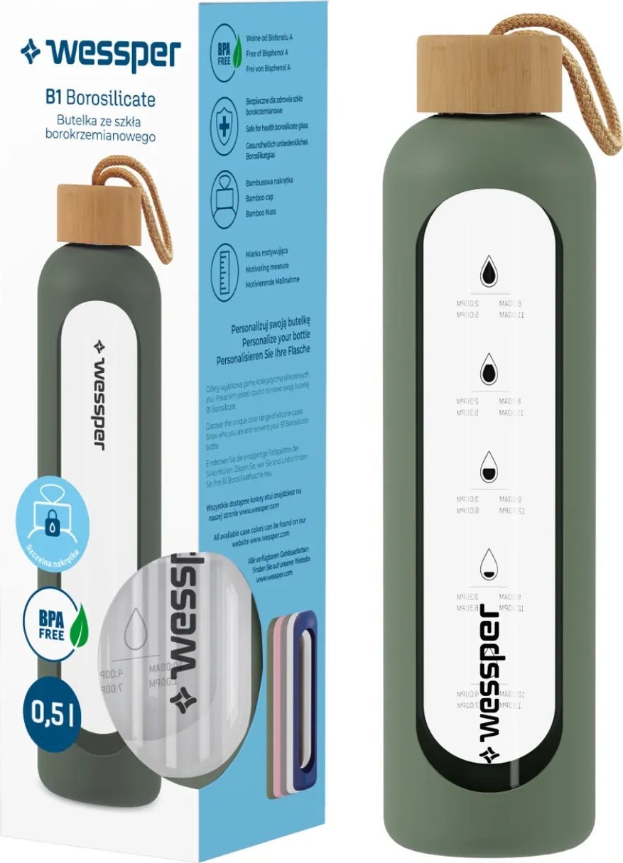 Wessper Wessper B1 Borosilicate 500 ml Szklana butelka na wodę z miarką motywacyjną z oliwkowym etui
