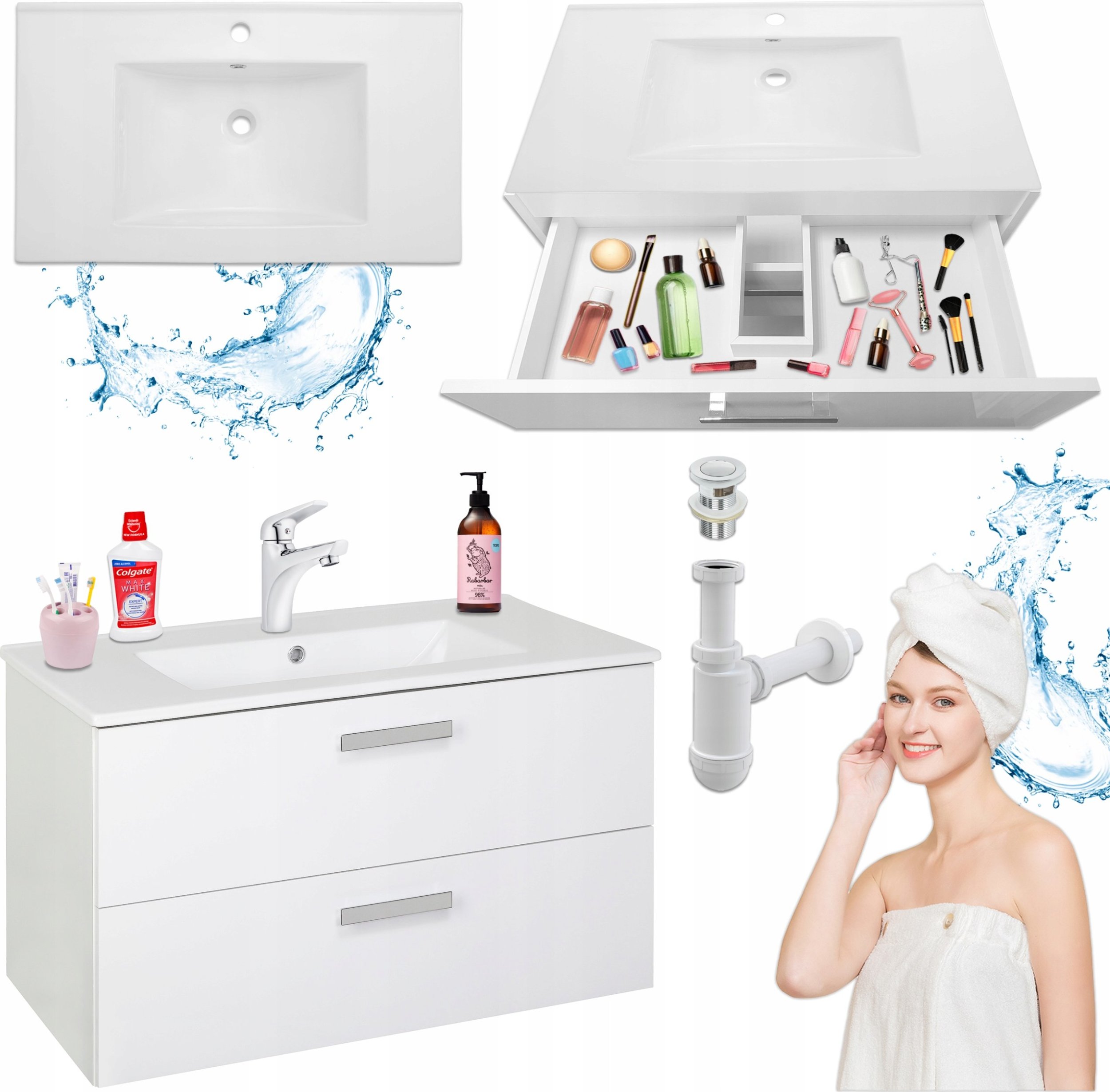 Stamar Biała Wisząca Szafka z Umywalką Ceramiczną 80 Bateria Aq Click Clack Syfon