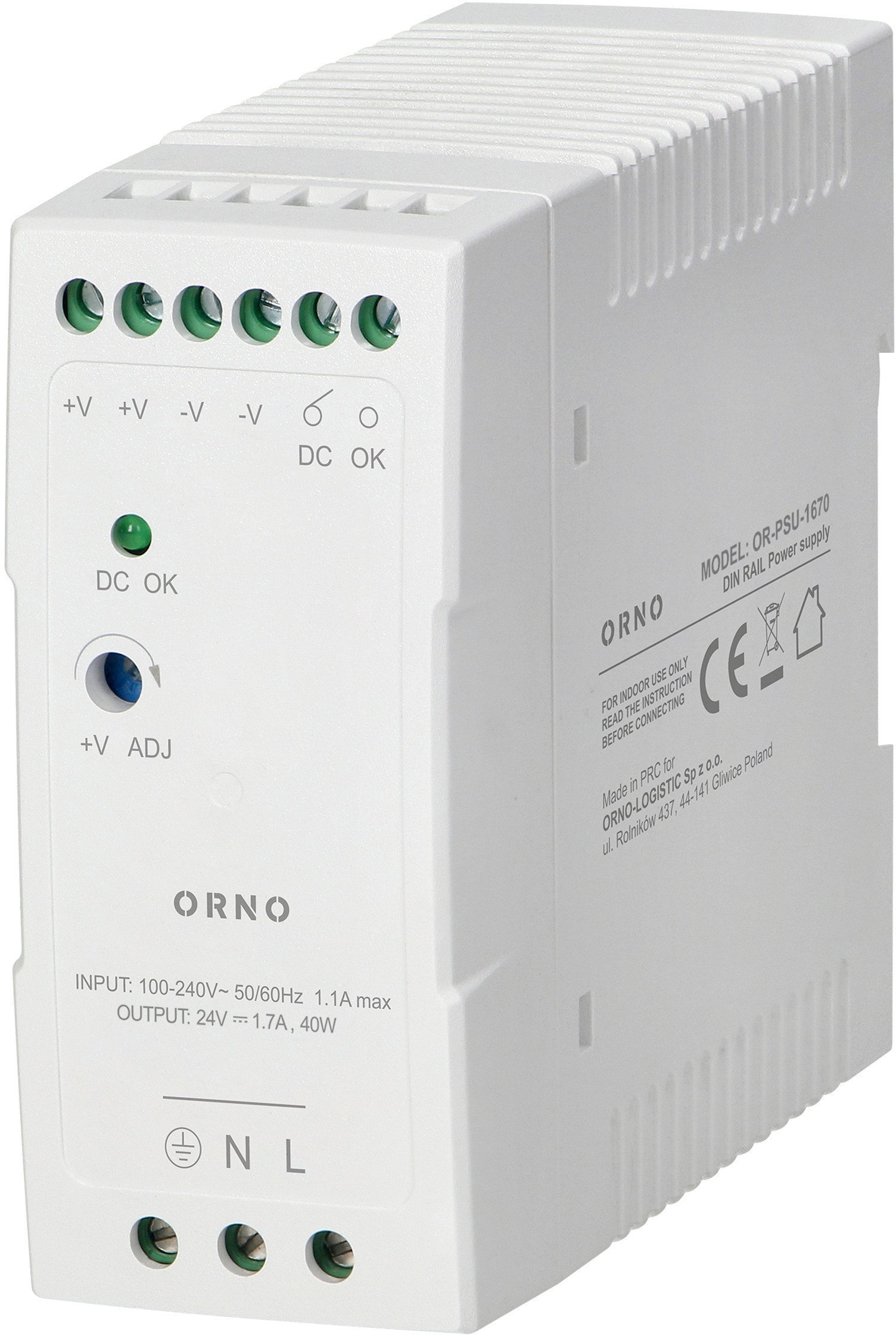 Zasilacz przemysłowy, na szynę DIN, 24VDC, 1,7A, 40W, w plastikowej obudowie