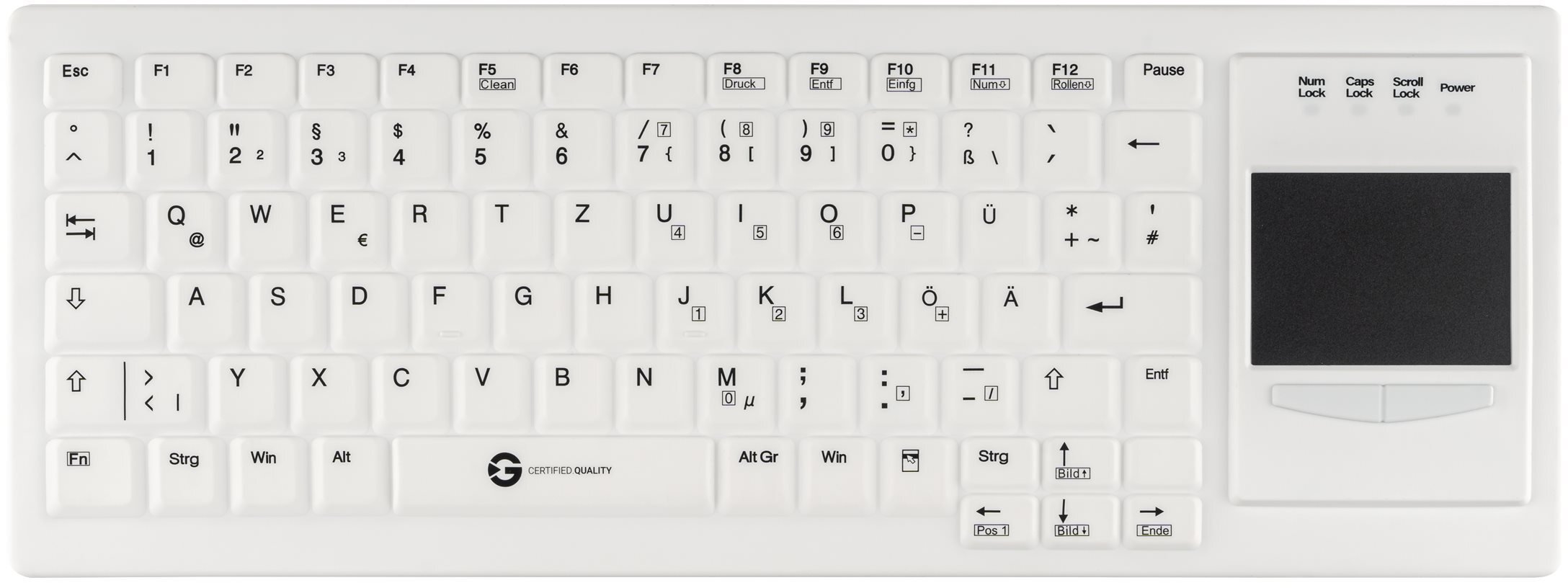 Klawiatura Gett GETT Cleantype Xtra Touch Protect WL bezprzewodowa klawiatura silikonowa mit Touchpad IP68 można dezynfekować kolor biały układ DE