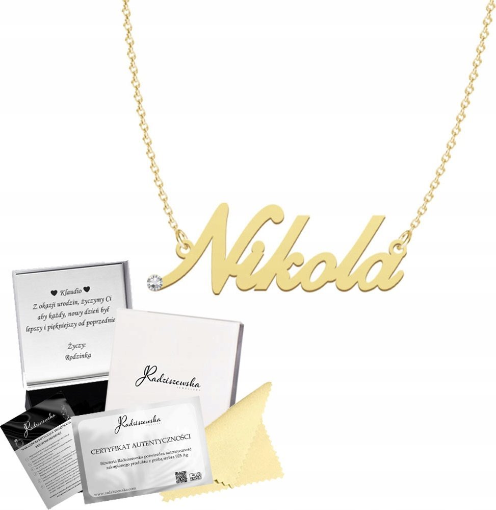 Radziszewska Jewellery Złoty Naszyjnik z imieniem NIKOLA Łańcuszek SREBRO Kryształ TABLICZKA GRATI