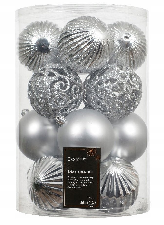 Bombki choinkowe zestaw 16 sztuk srebrne 8 cm nietłukące różne wzory