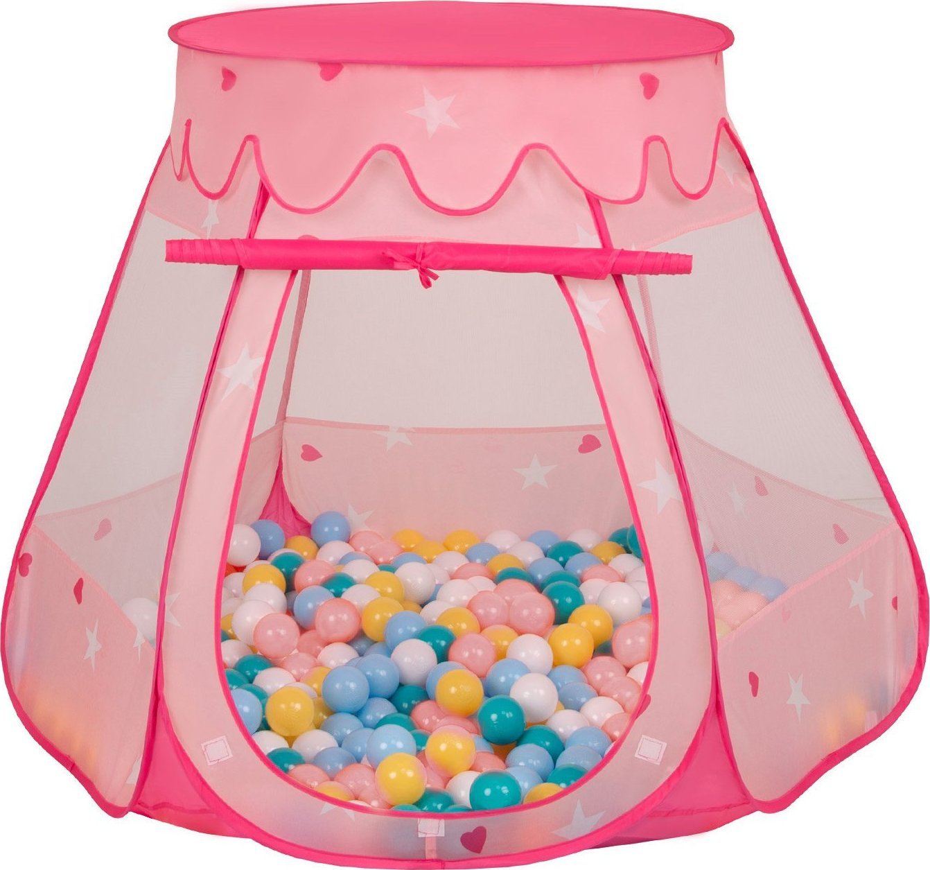 Selonis Selonis Namiot zamek NZ-100X z piłeczkami 6cm różowy: biały-żółty-babyblue-pudrowy róż-turkus 105x90cm/300piłek Zabawka namiot dla dzieci
