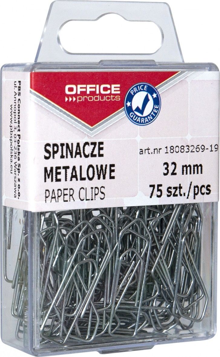 Office Products Spinacze metalowe , 32mm, w pudełku, 75szt., srebrne