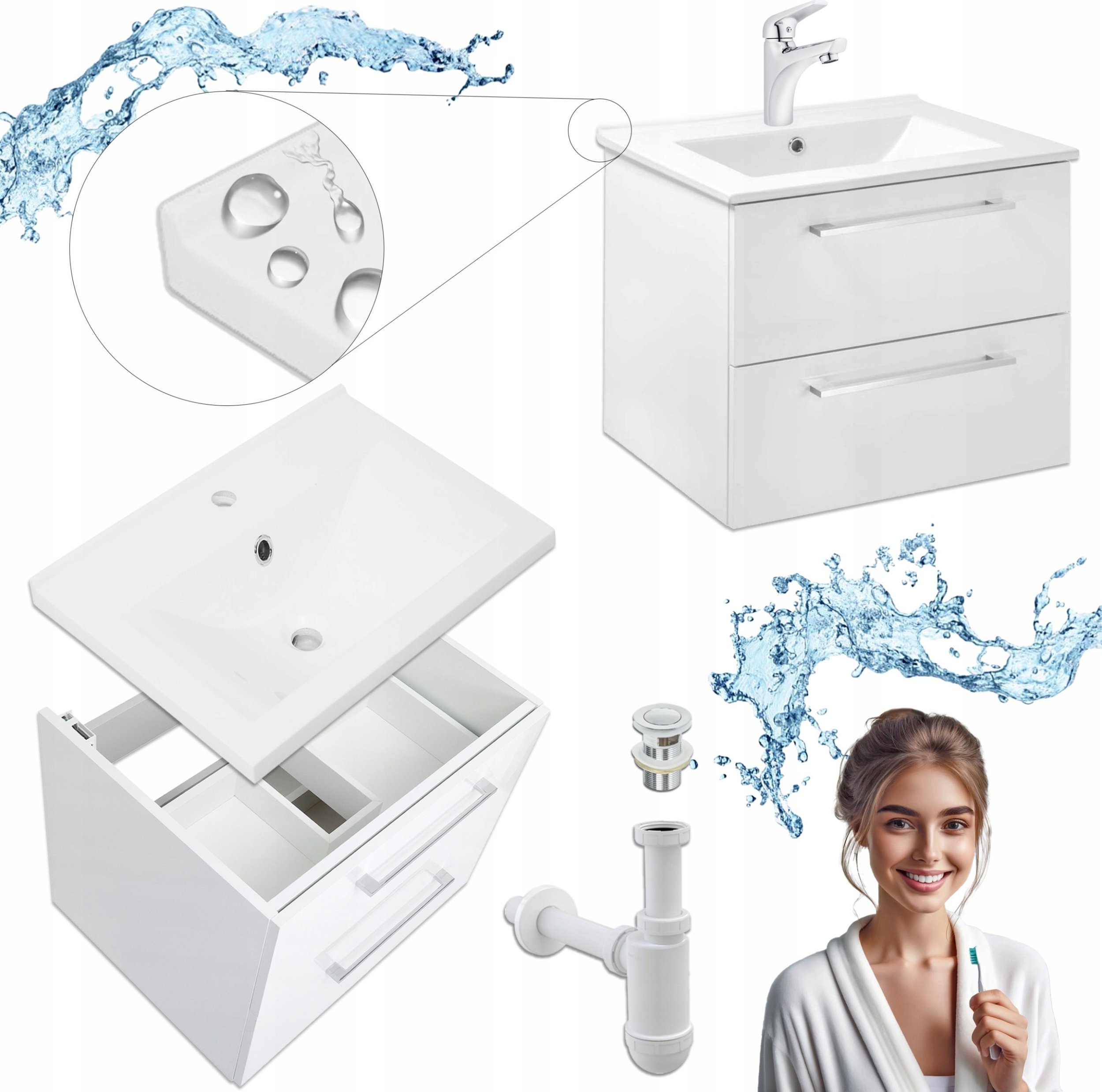 Biała Szafka z Umywalką Konglomerat Viki 60 Bateria Aqqua Click Clack Syfon