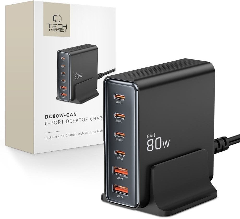 TECH-PROTECT DC80W-GAN 6-PORT DESKTOP CHARGER PD80W/QC3.0 BLACK