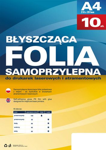 Argo Błyszcząca folia poliestrowa z klejem A4, 10 sztuk (434020)