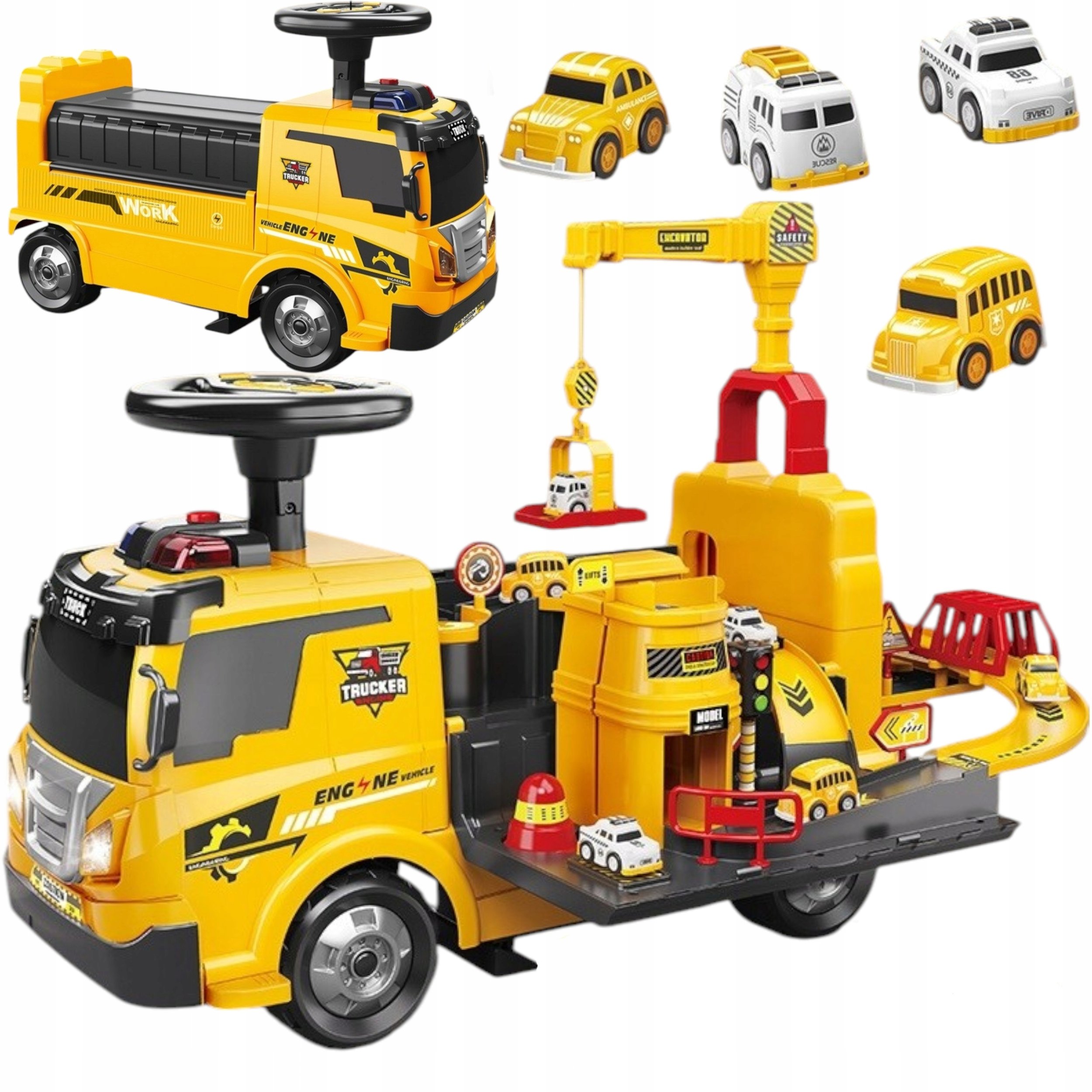 LUXMA Jeździk 2w1 budowlany pojazd + 4 autka parking rozkładany dźwig dźwięk ZH913