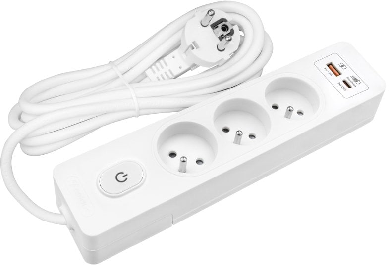 Przedłużacz przenośny 3- Krotny z uziemieniem, wyłącznikiem i przesłonami styków, z USB (PD20W), przewód 1.5mm2, 2m G3FH22B