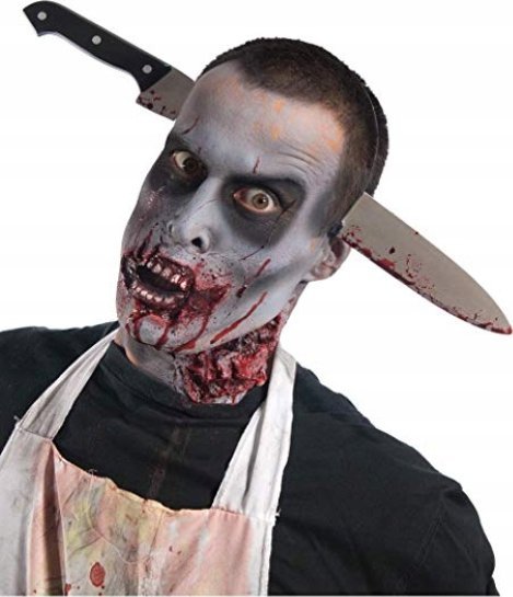 Korbi OPASKA NÓŻ W GŁOWIE KOSTIUM HALLOWEEN ZAKRWAWIONY
