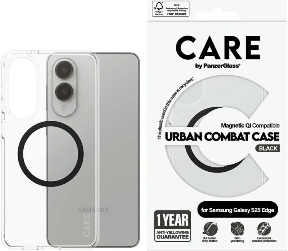 Etui CARE by PanzerGlass Flagship Urban Combat Black QI do Samsung Galaxy S25 Edge przezroczysty