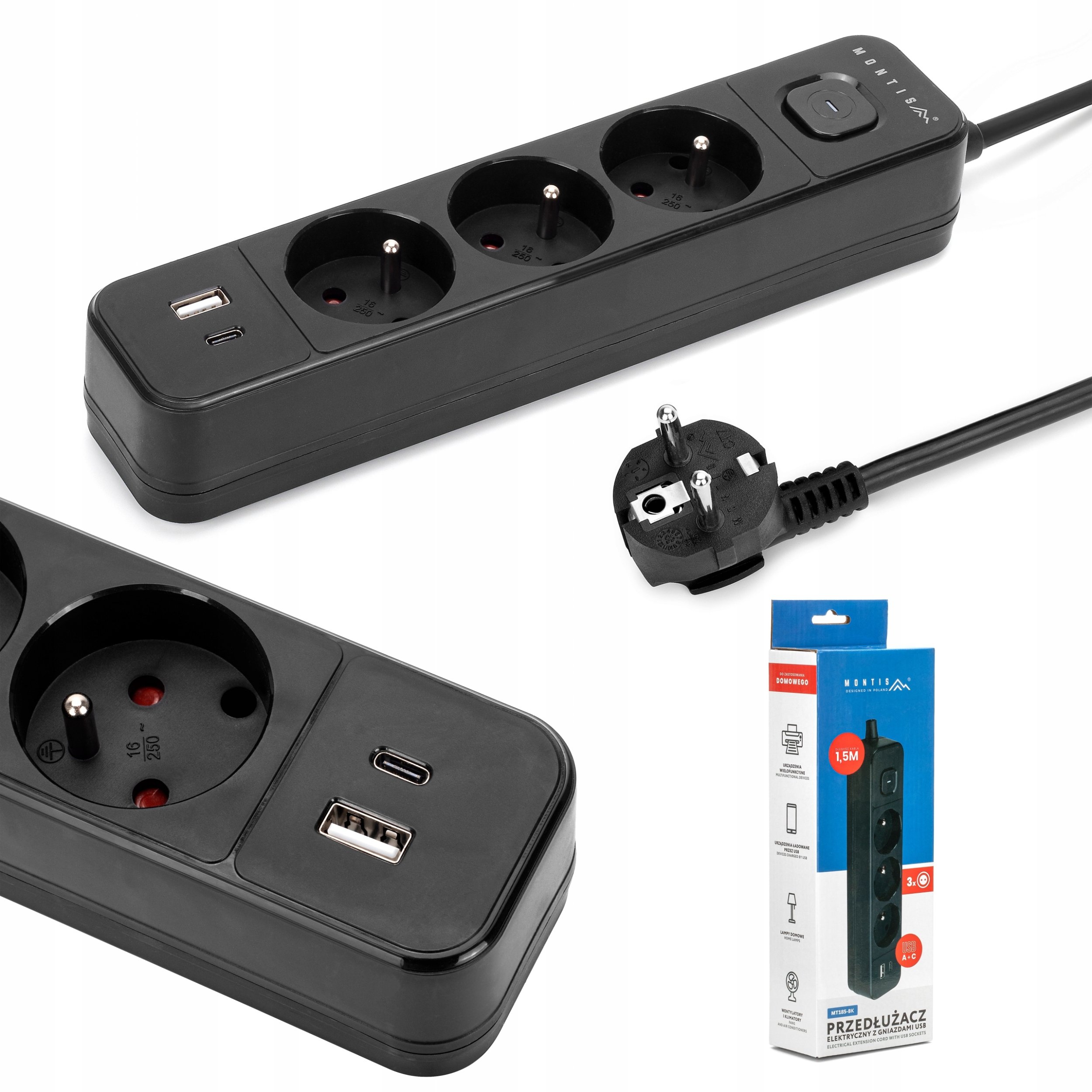 Montis Przedłużacz elektryczny czarny 3-gniazdowy z USB 1,5m MT185-BK-1,5