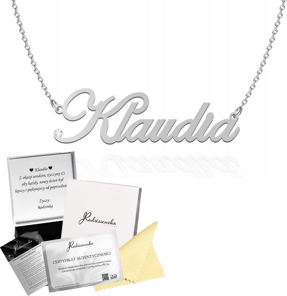 Radziszewska Jewellery NASZYJNIK SREBRNY Z IMIENIEM KLAUDIA ŁAŃCUSZEK PREZENT 925 DEDYKACJA GRATIS