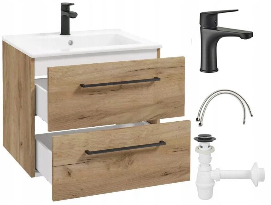 Szafka z umywalką łazienkowa wisząca dąb craft 60cm z baterią i syfonem Pinia