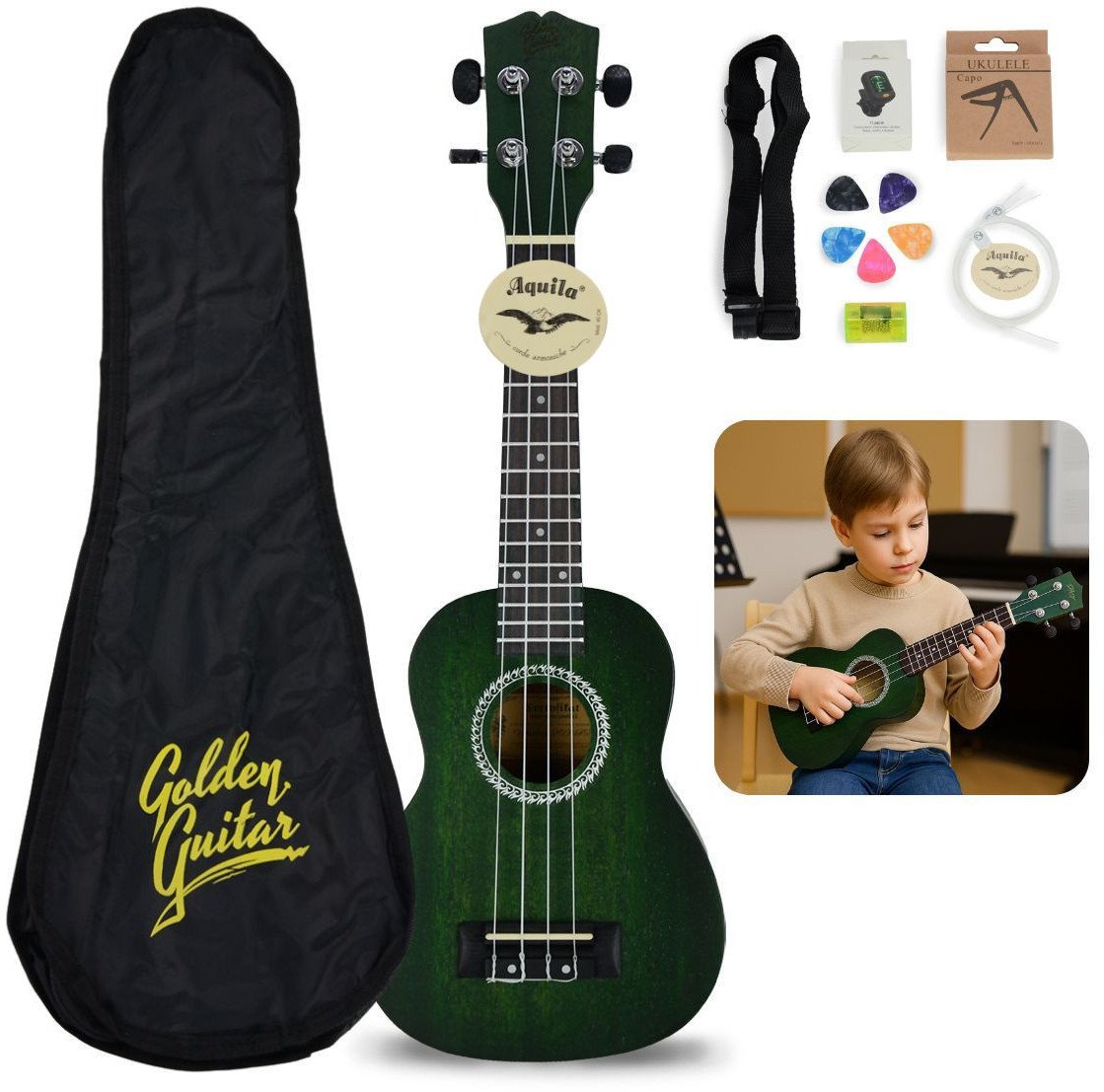 Zestaw: Ukulele sopranowe 21" HRF21 zielone+ akcesoria Golden Guitar one size